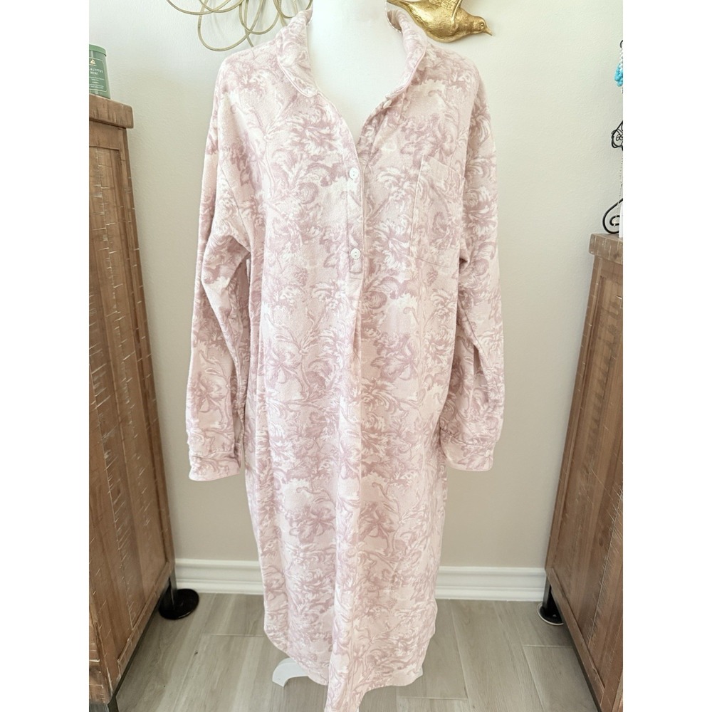 Soft Surroundings Pink Floral Nightgown L 100% Cotton Button Front Long Sleep‎